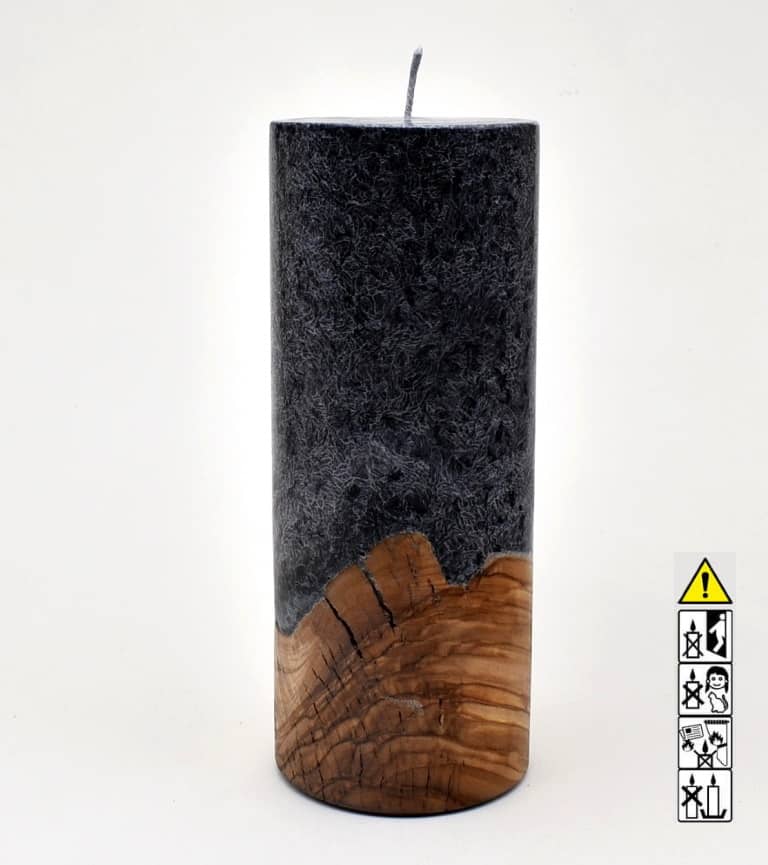 Kerze mit Holz Unikat Rund 80 x 200 mm mit Docht in schwarz