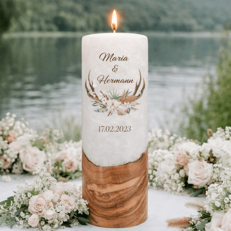 "Jäger" Hochzeitskerze mit Holzelement 30 cm hoch