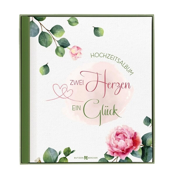 Hochzeitsalbum, Zwei Herzen ein Glück in Geschenkkiste schön Illustrierte Cover mit Blüten und grün