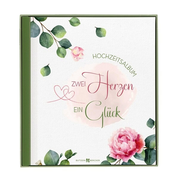 Hochzeitsalbum, zwei Herzen ein Glück Hochzeitsalbum, Zwei Herzen ein Glück in Geschenkkiste schön Illustrierte Cover mit Blüten und grün