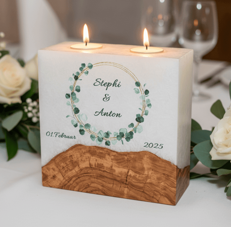 Hochzeitskerze Eukalyptus Kranz mit Sockel und 2 Teelichter 20 x 20 cm