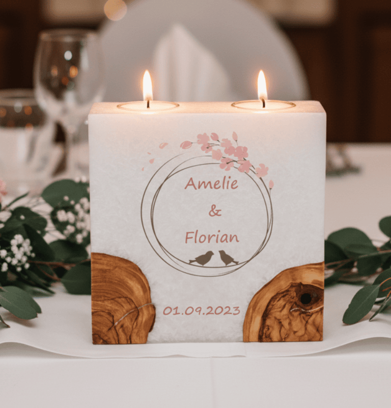 Hochzeitskerze Vogelpaar Nr.:1 mit 2 Holzelementen und 2 Teelichter 20 x 20 cm